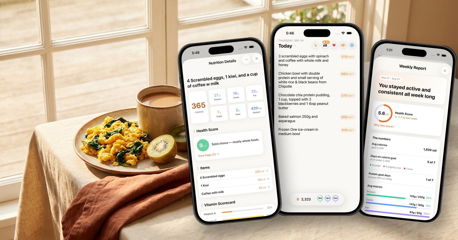 A breakfast of scrambled eggs, kiwi, and coffee next to Nouri showing the meal's nutrition details, the day's food log, and a weekly report
