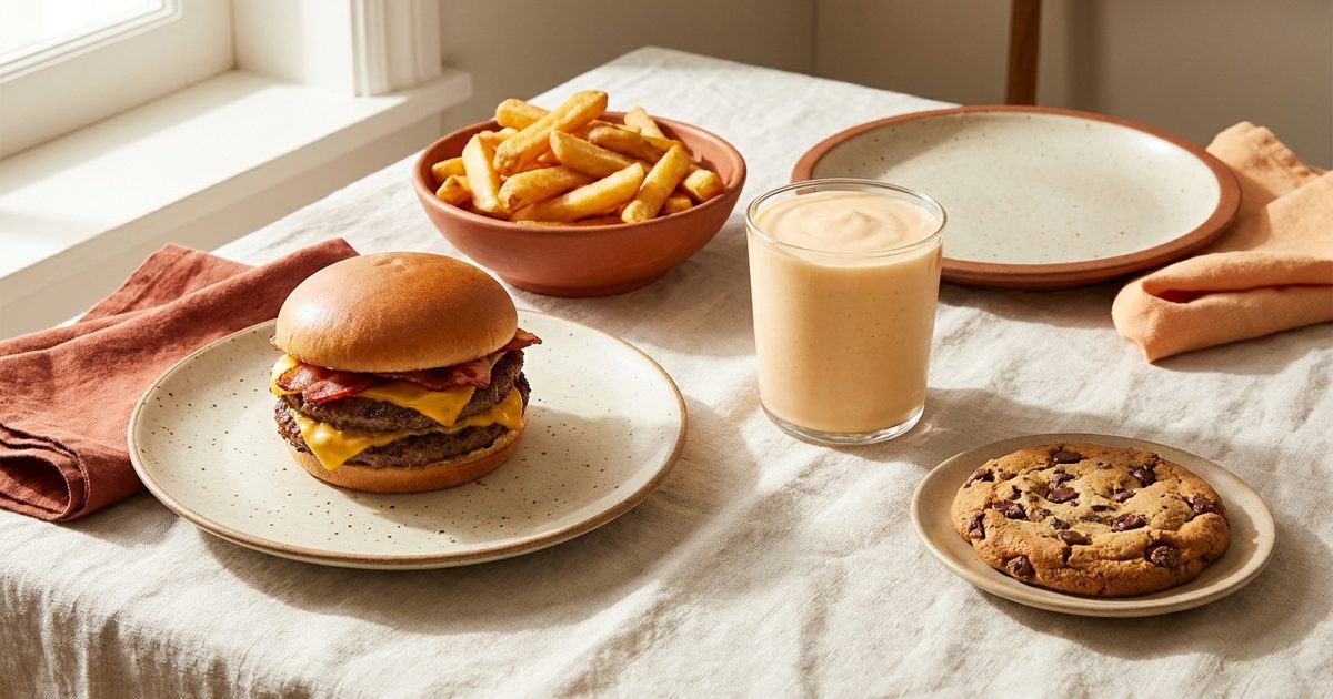 A large fast food meal with a double burger, fries, a milkshake and a cookie