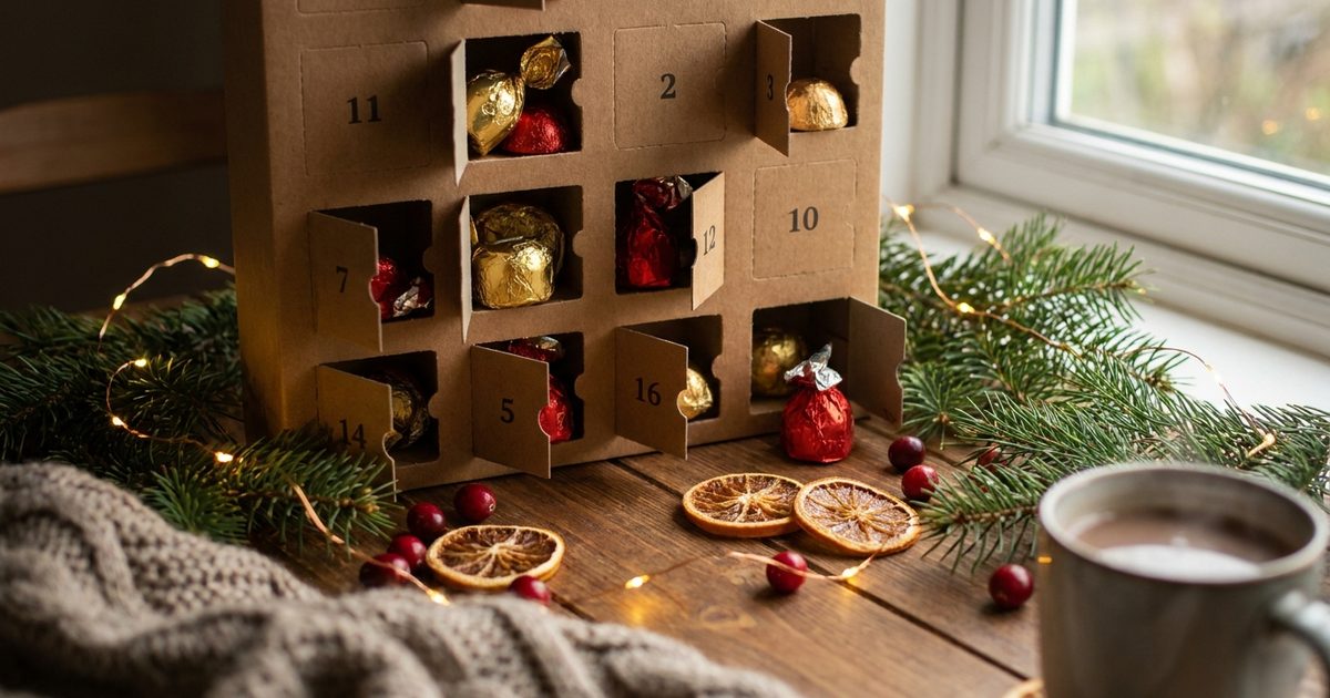 A chocolate advent calendar with open doors, fairy lights and pine sprigs