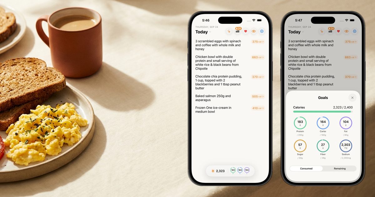 Nouri's notes-style daily log and goals screens next to a breakfast plate