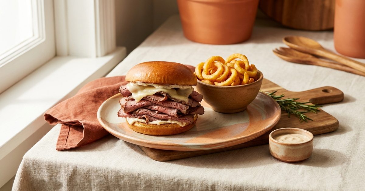 A roast beef sandwich with a bowl of curly fries