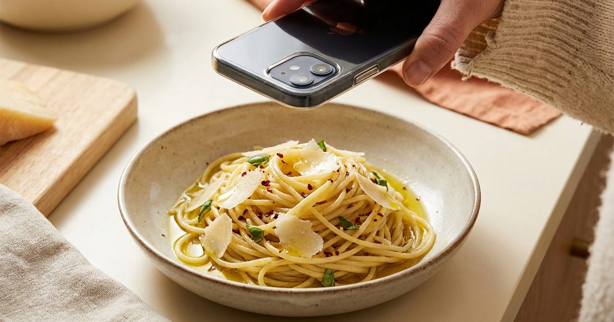 A phone hovering over a plate of pasta glistening with olive oil and parmesan