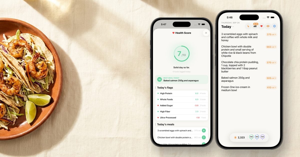 Nouri's Health Score and daily log on iPhone next to a plate of shrimp tacos