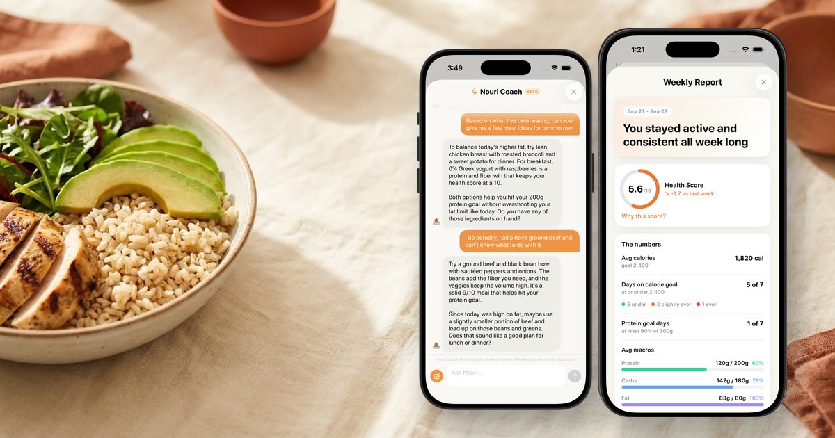 Nouri Coach and a Nouri weekly report on iPhone next to a lunch bowl