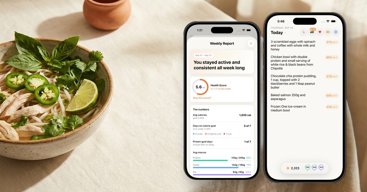 A Nouri weekly report and daily log on iPhone next to a bowl of pho
