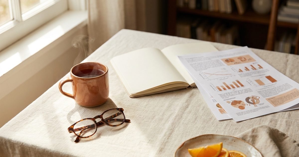 An open notebook and printed research paper with a cup of tea on a desk