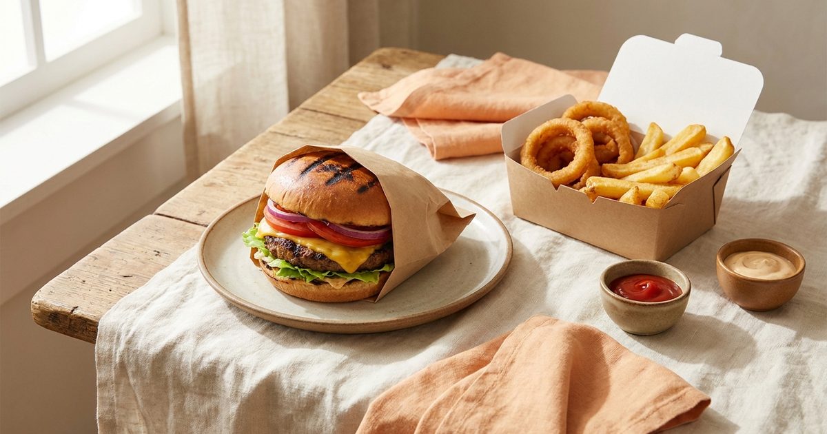 A flame-grilled burger with onion rings and fries