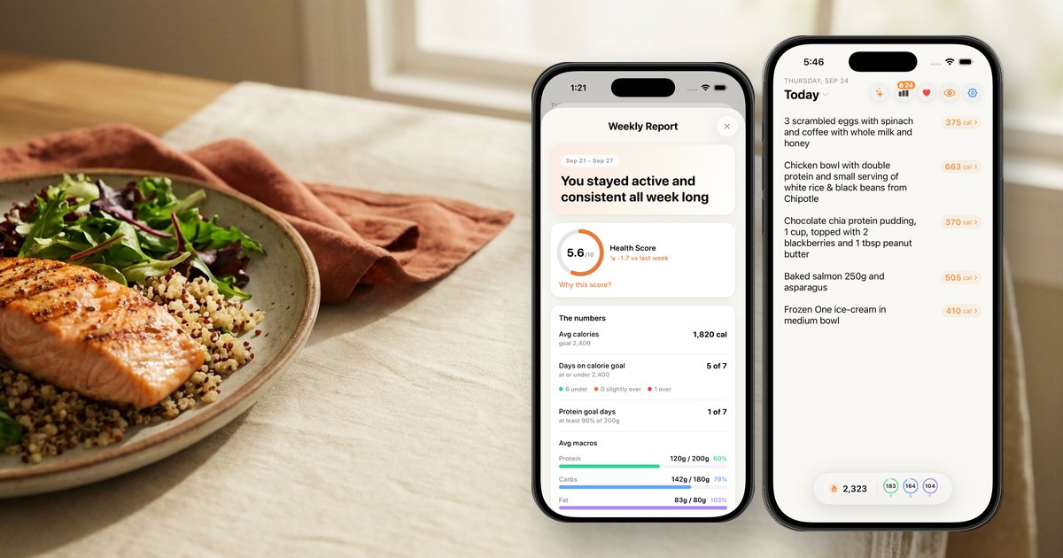 Nouri's weekly report and daily food log on iPhone next to a plate of grilled salmon and quinoa