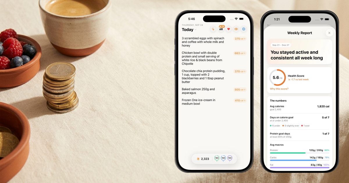 Nouri's daily log and weekly report screens next to coins, berries and coffee