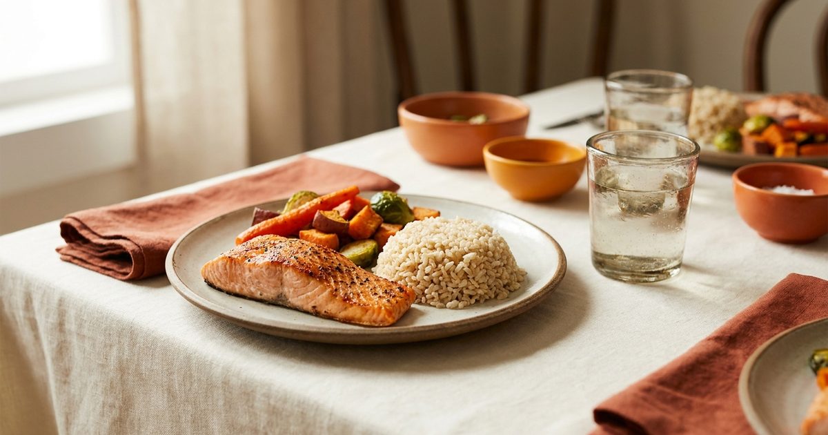 A balanced plate of salmon, brown rice, and roasted vegetables