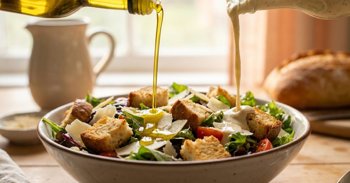 Olive oil and creamy dressing being poured over a salad with croutons