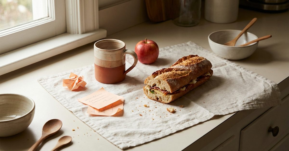 A real-life kitchen counter with a sandwich, coffee, an apple and blank sticky notes