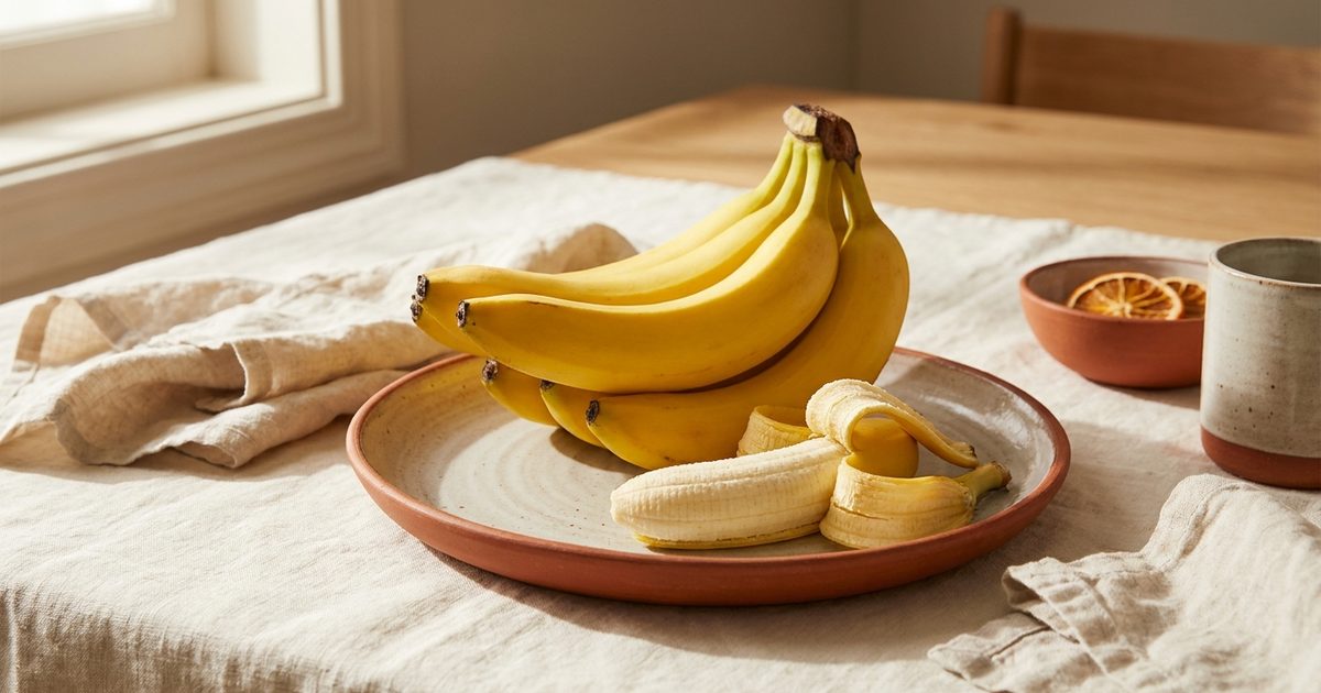 A bunch of ripe bananas with one peeled on a plate
