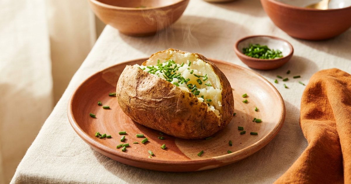 A baked russet potato split open on a ceramic plate