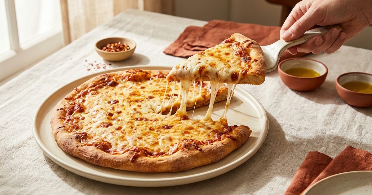 A slice of cheese pizza with stretching cheese