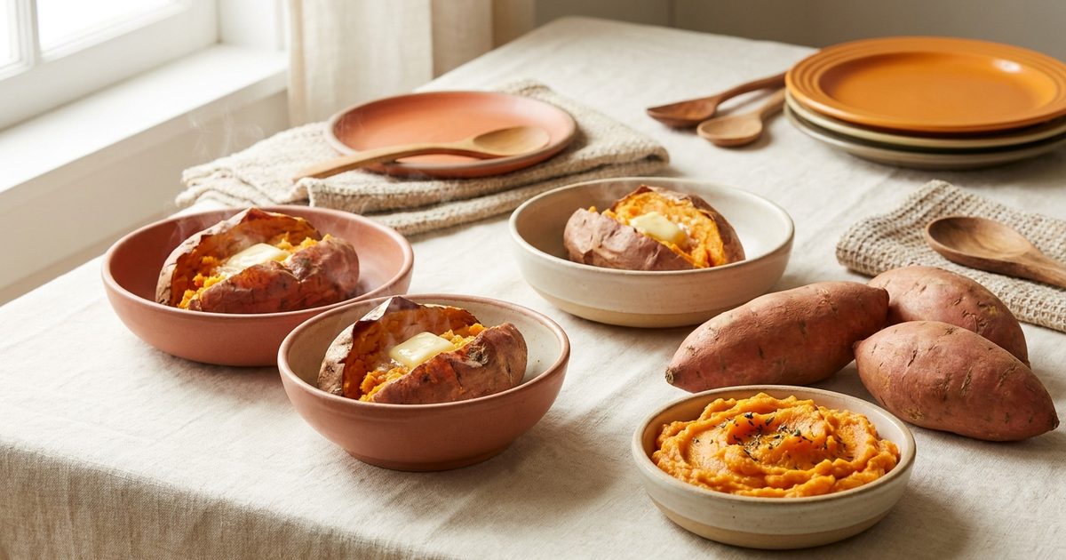 Baked sweet potatoes split open with butter next to raw sweet potatoes