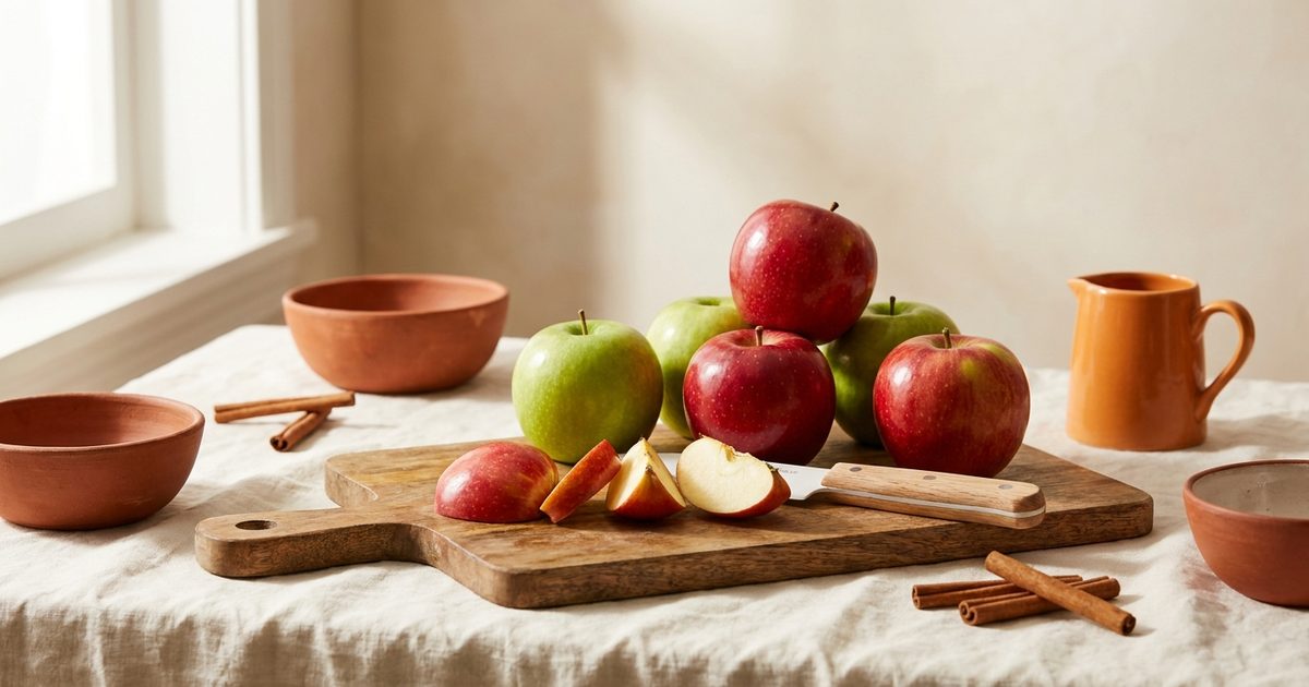 Red and green apples on a wooden board with one sliced into wedges