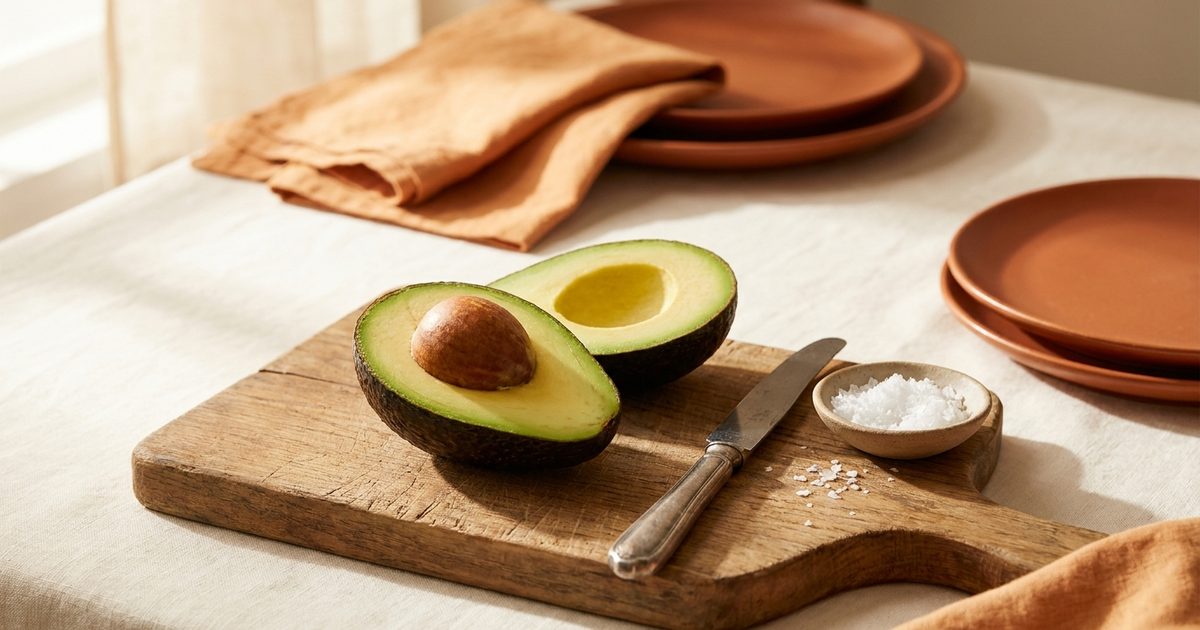 A halved avocado with the pit on a wooden board