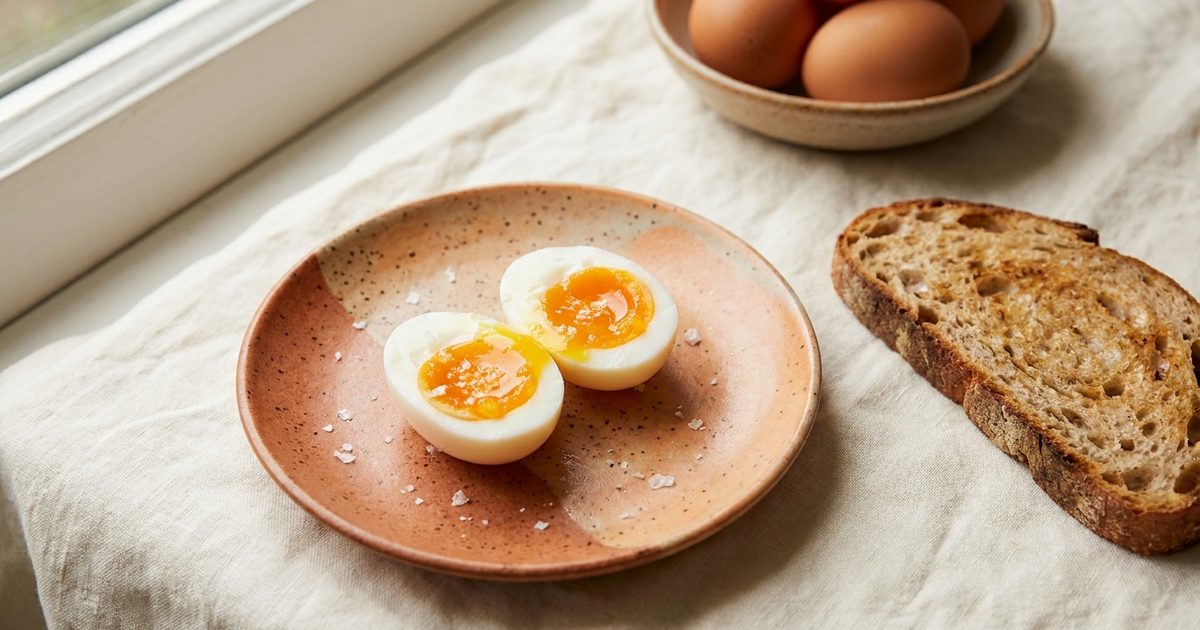 Two soft-boiled eggs with jammy yolks on a ceramic plate next to toasted sourdough