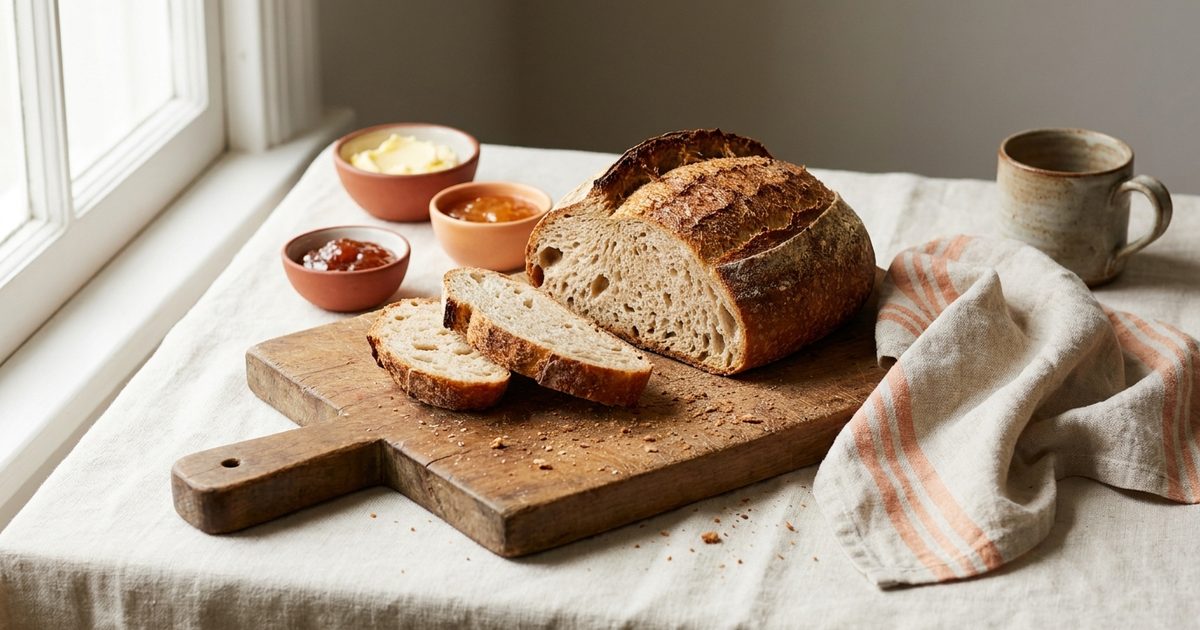 A partly sliced sourdough loaf on a wooden board