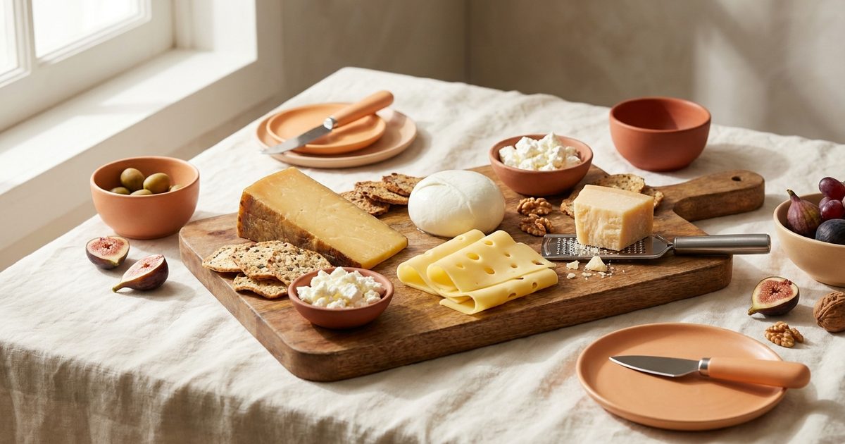 A cheese board with cheddar, mozzarella, parmesan, swiss, and feta