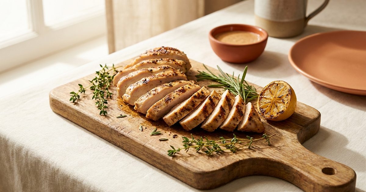 Sliced grilled chicken breast on a wooden board with herbs and lemon