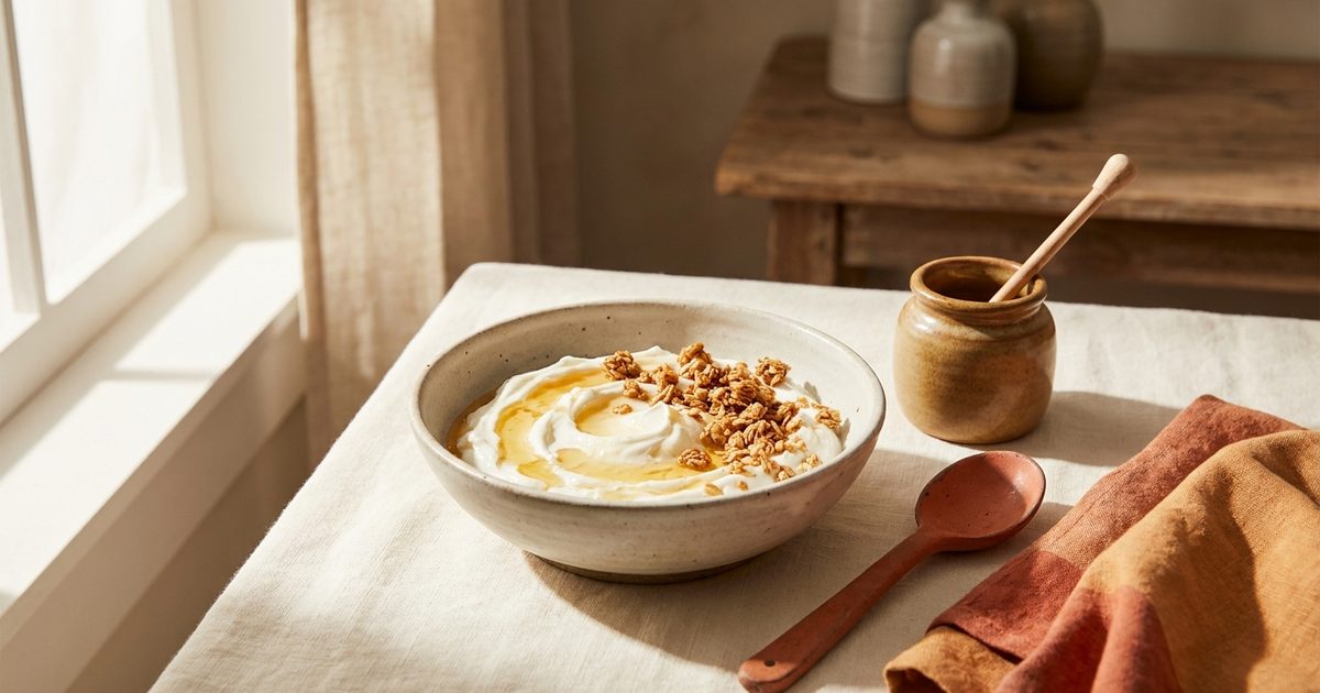 A bowl of thick Greek yogurt with honey and granola