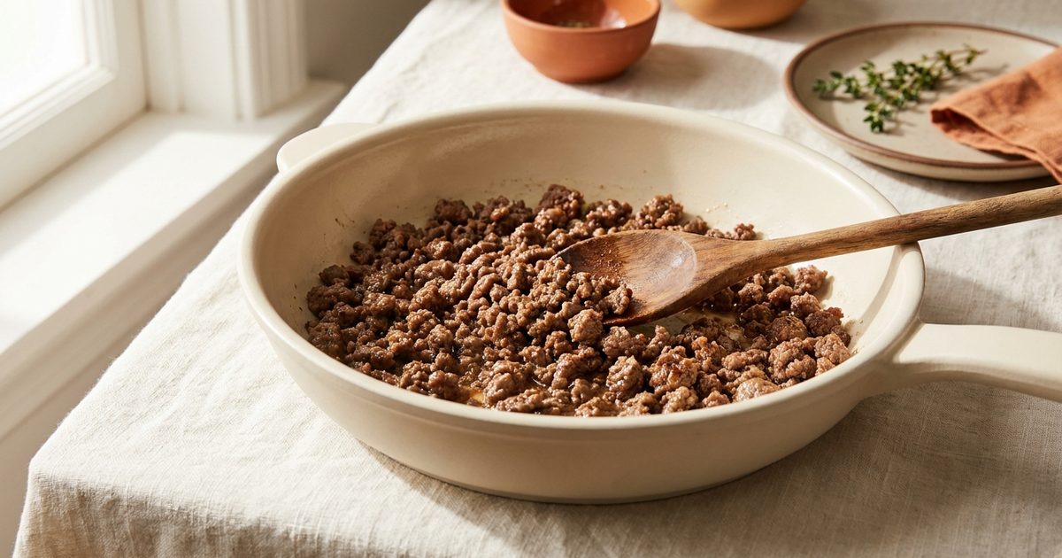 Browned ground beef in a cast iron skillet with a wooden spoon