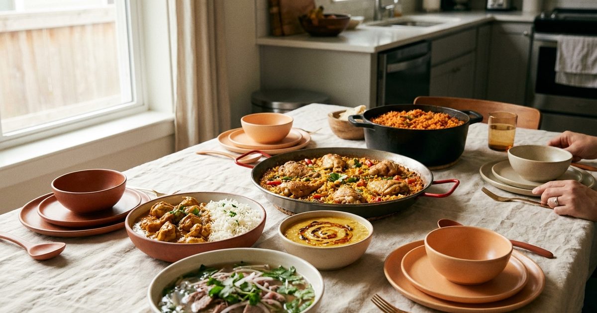 Homemade dishes from several cuisines served family style: arroz con pollo, curry, jollof rice, dal and pho