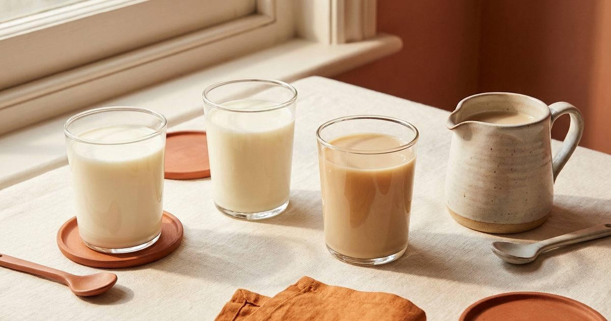 Glasses of different milks lined up with a small pitcher