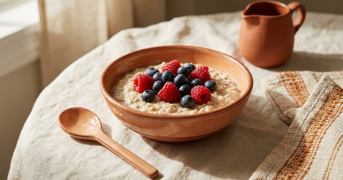 A bowl of oatmeal topped with raspberries and blueberries
