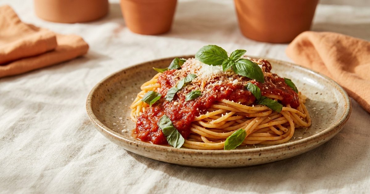A plate of spaghetti with marinara, basil, and parmesan