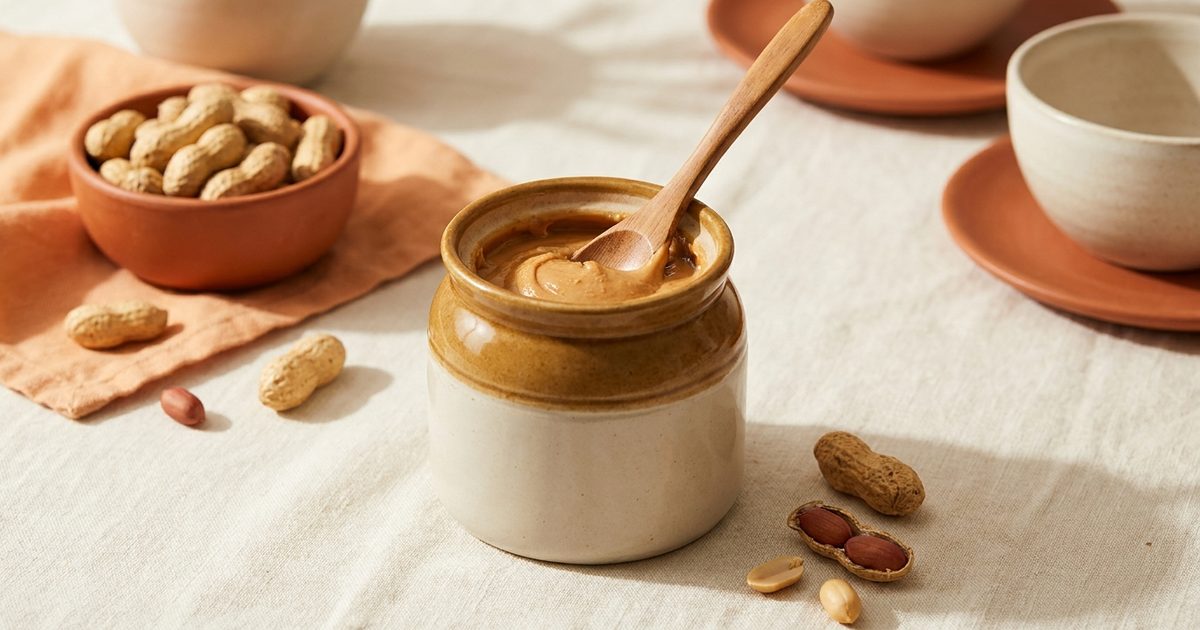 An open jar of peanut butter with a spoon and peanuts