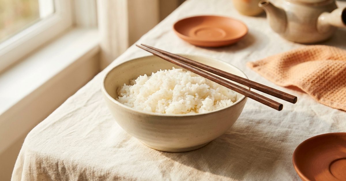 A ceramic bowl of steamed white rice with wooden chopsticks