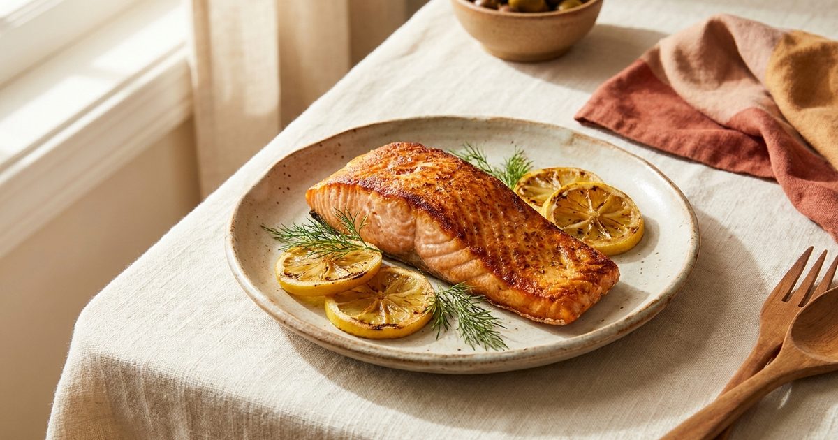 A roasted salmon fillet with lemon and dill on a ceramic plate