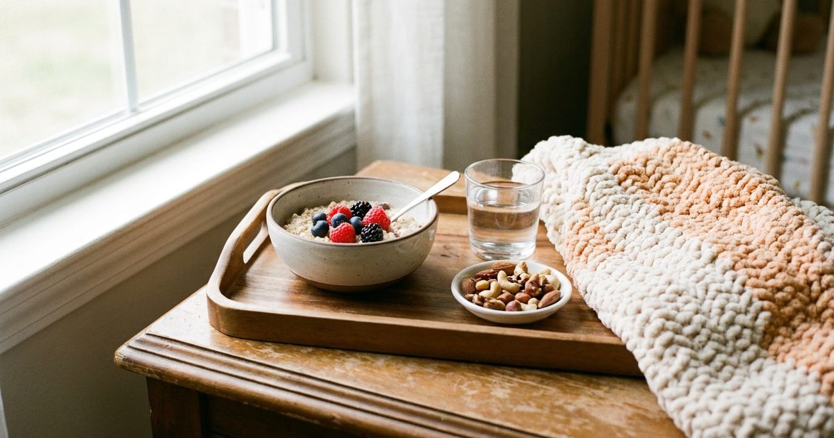 Oatmeal with berries, nuts and a glass of water on a tray beside a soft knit blanket in a nursery