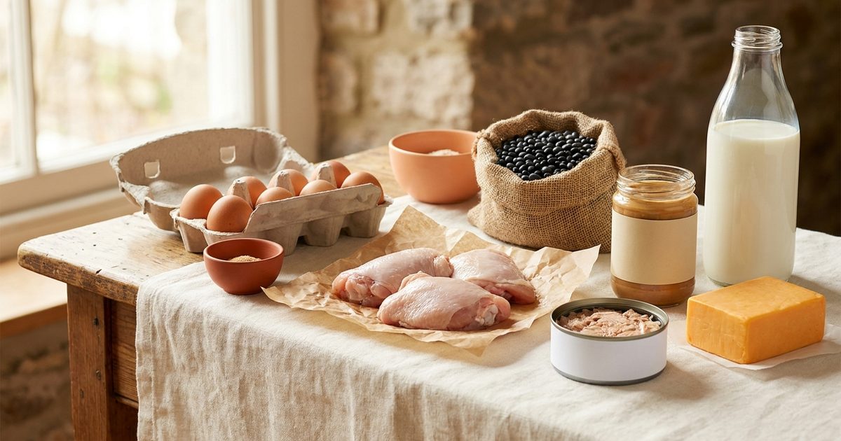 Eggs, chicken thighs, dried beans, peanut butter, canned tuna, cheese, and milk on a table