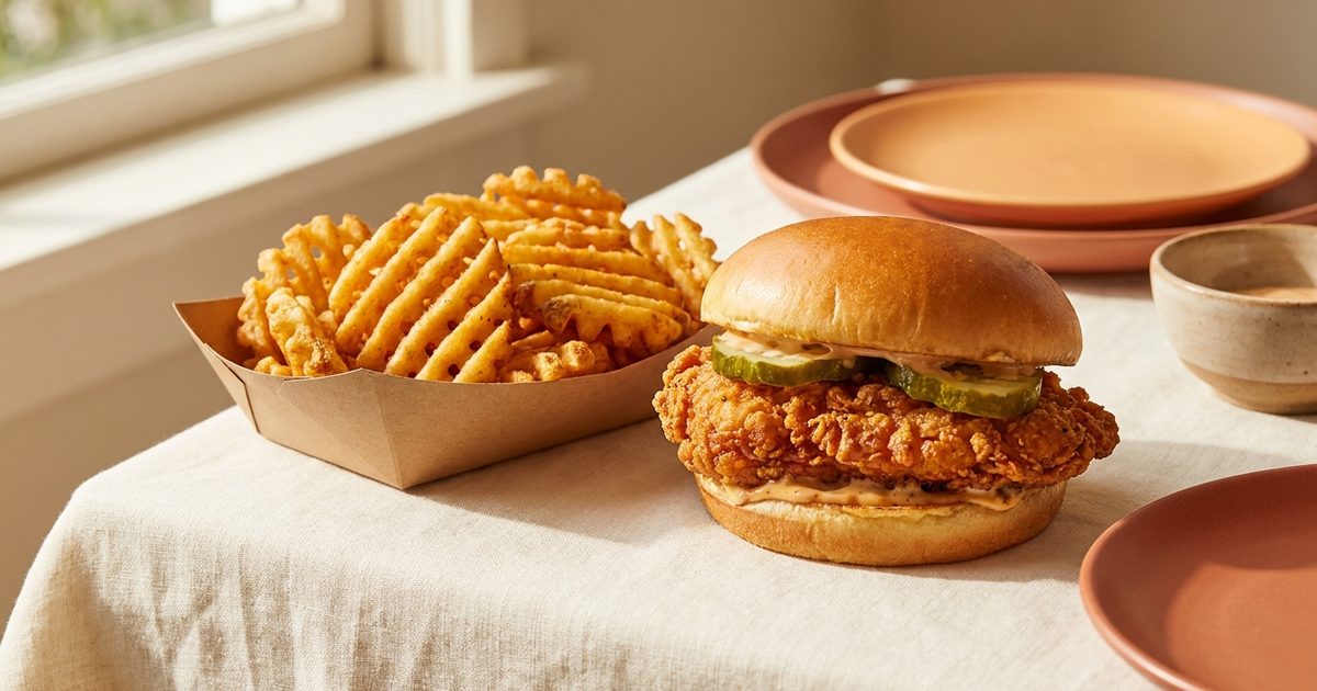 A crispy chicken sandwich with pickles and waffle fries