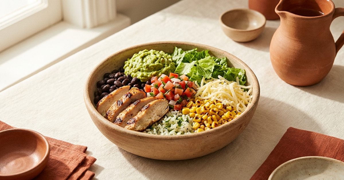 A chicken burrito bowl with rice, beans, salsa, corn, and guacamole