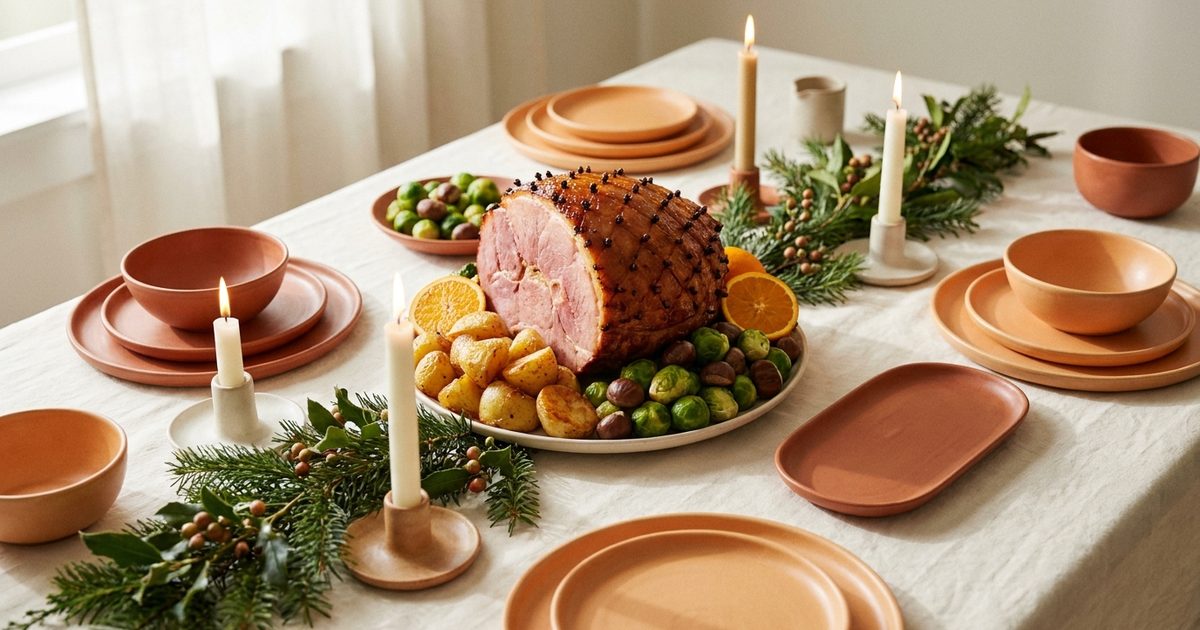 A Christmas table with glazed ham, roasted potatoes, and Brussels sprouts