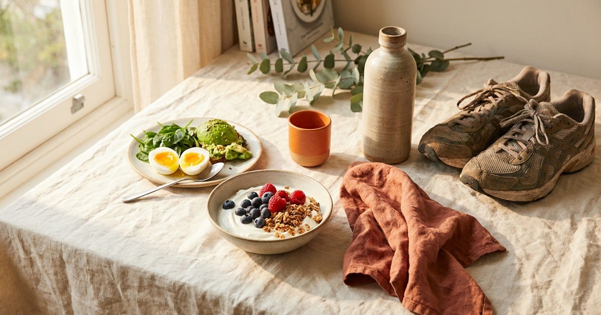 Running shoes and a water bottle next to a breakfast of Greek yogurt, berries, and eggs