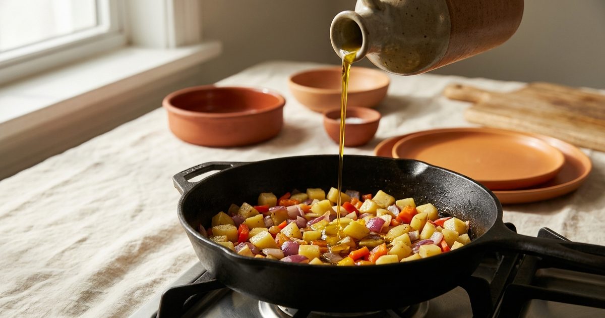 Olive oil pouring into a pan of vegetables