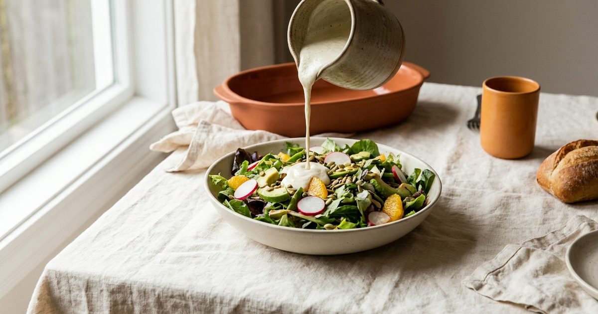 A generous pour of creamy dressing over a green salad