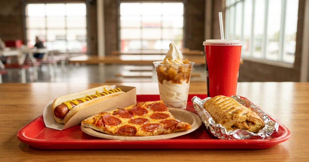 A food court tray with a hot dog, pepperoni pizza slice, chicken bake, sundae and soda