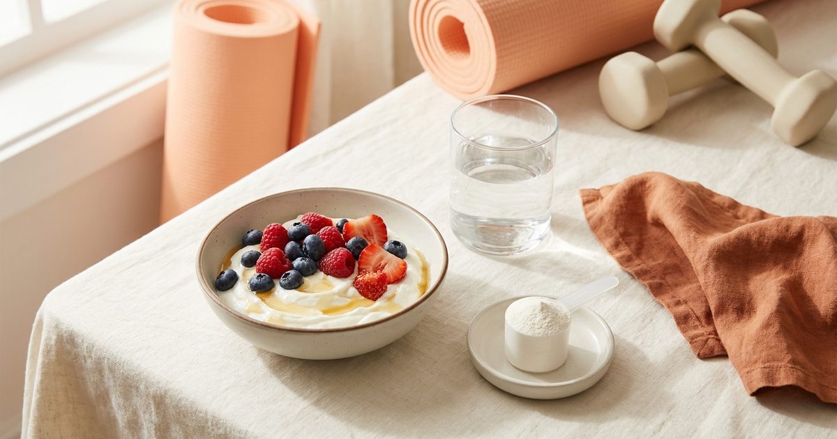 Greek yogurt with berries, a glass of water, and light dumbbells on a linen table