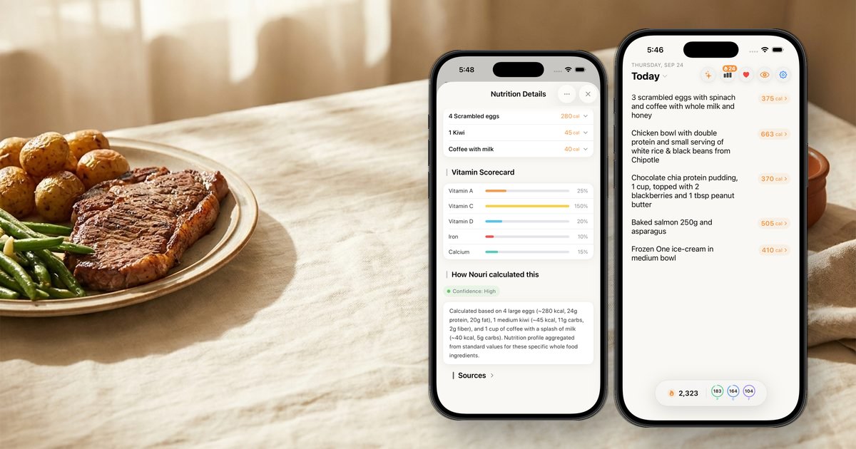 Nouri's nutrition details and daily log on iPhone next to a steak dinner