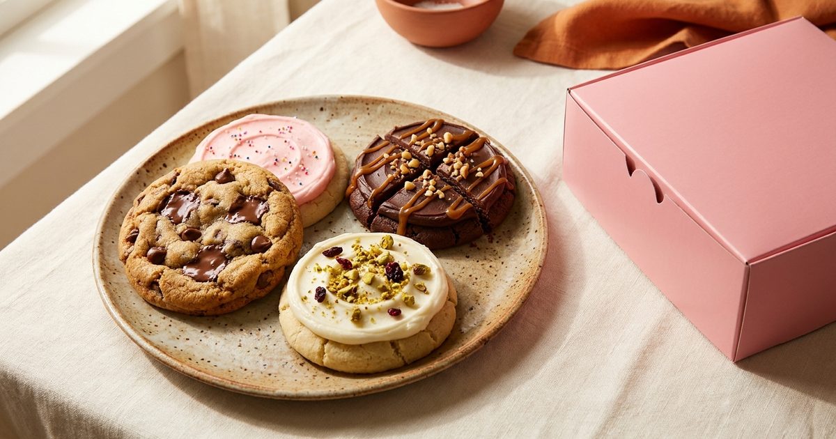 Oversized frosted cookies on a plate, one cut into quarters
