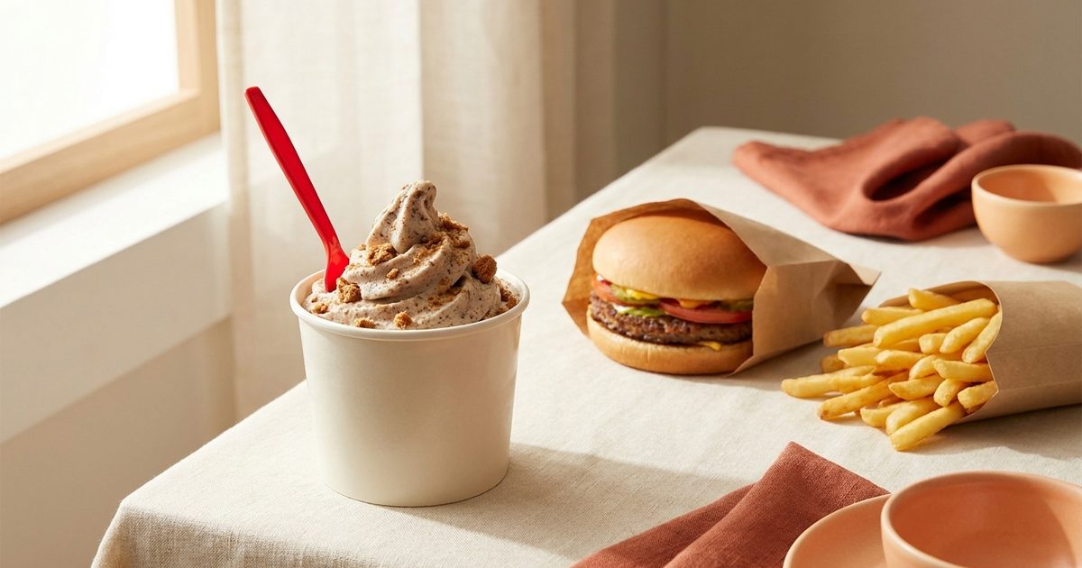 A blended soft-serve treat next to a burger and fries