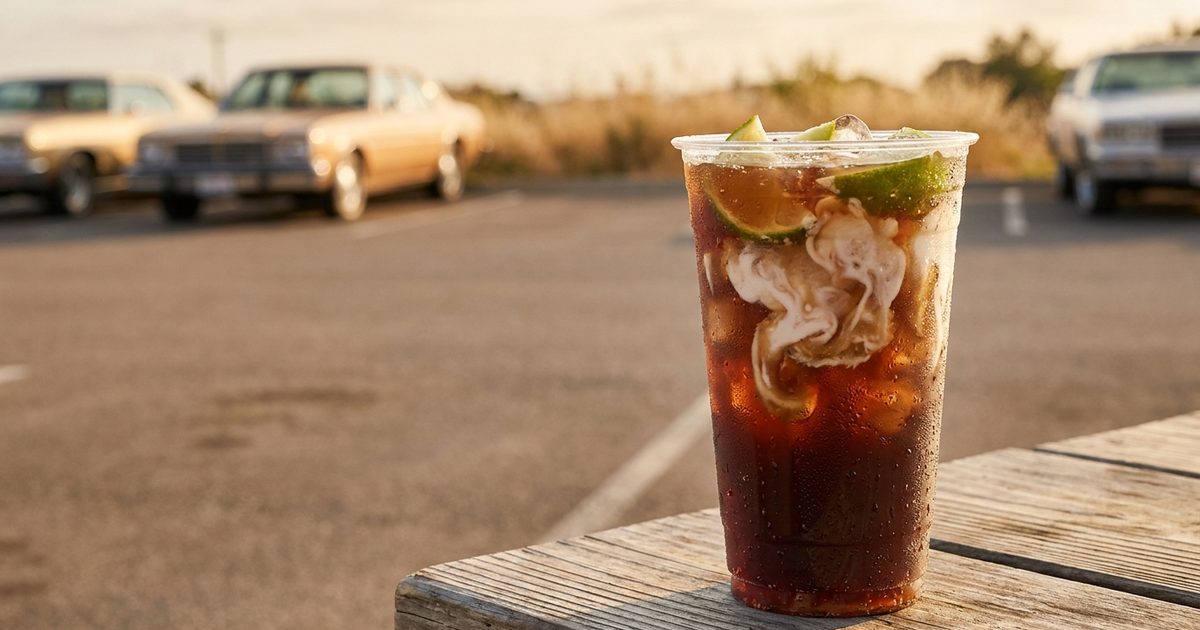 A large iced dirty soda with swirls of coconut cream and lime in a clear cup