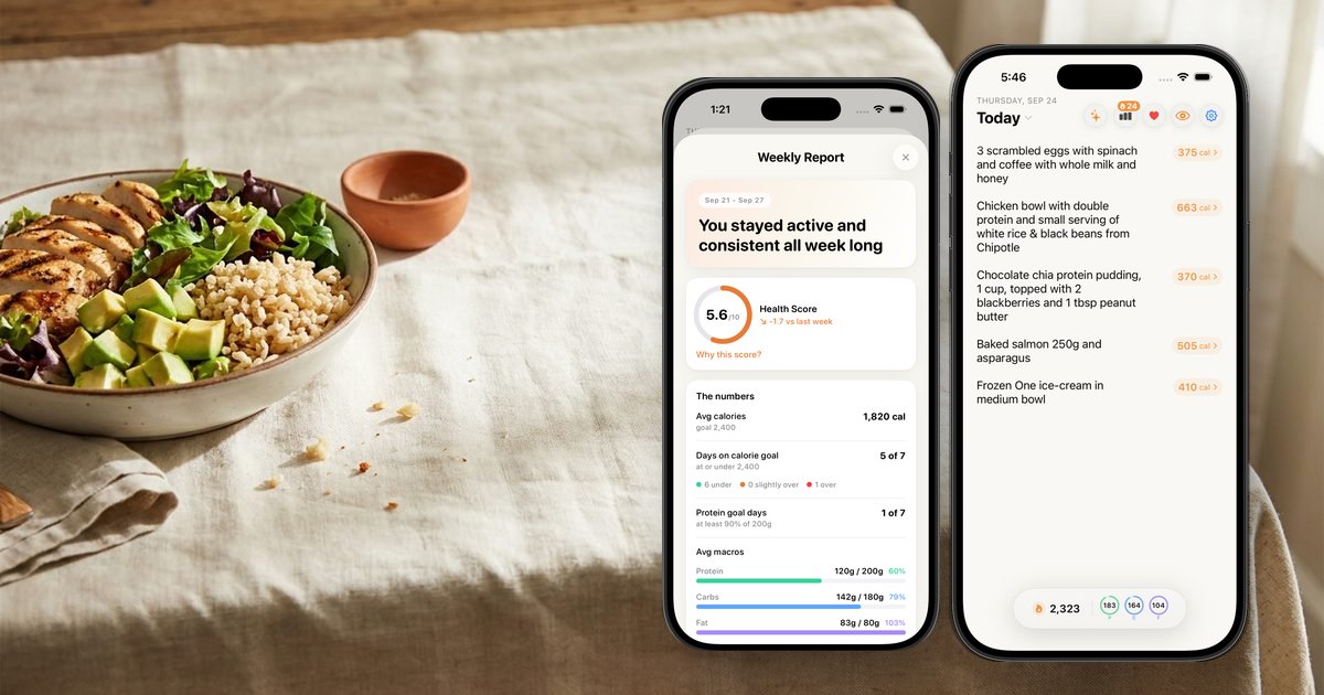 A Nouri weekly report and daily log on iPhone next to a lunch bowl